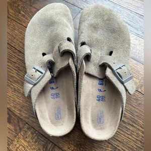 Gray suede Birkenstock clogs